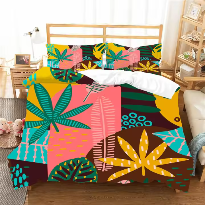 Juego de funda nórdica de hojas, tamaño Queen, juego de cama con tema de hojas tropicales hawaianas, funda de edredón de ramas de hojas verdes de microfibra King - 1