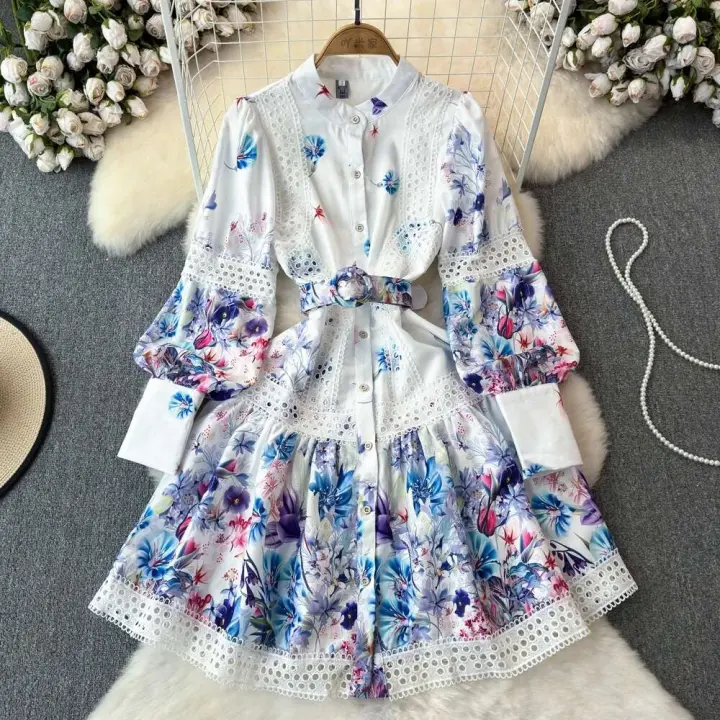 OCEANLOVE primavera otoño linterna manga Mujer Vestidos encaje ral moda coreana Retro Vestidos Mujer Stand Collar Mini vestido - 1