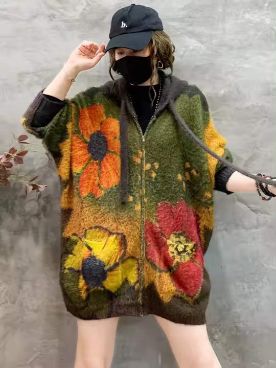 Masss-suéteres con capucha para mujer, ropa de moda de invierno, holgados cárdigans con estampado Floral, cálidos e informales de lujo, talla grande, 2024 - 1