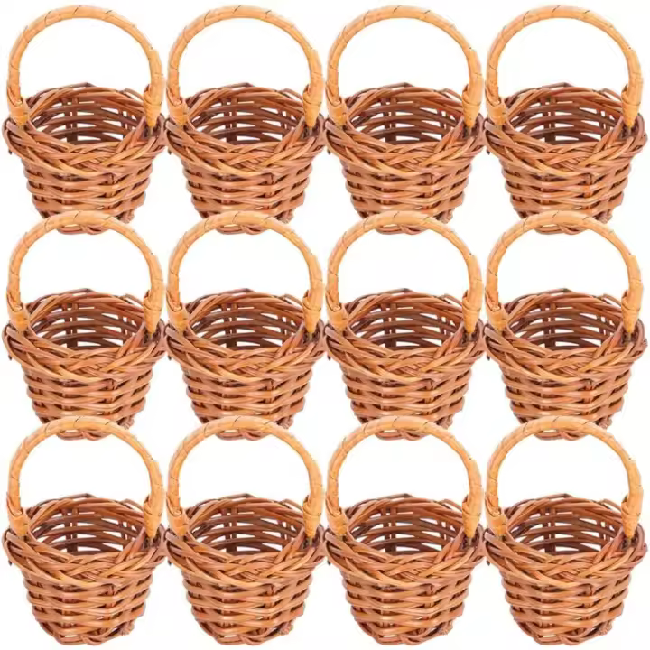 12 cestas de mimbre en miniatura, pequeñas cestas de mimbre para flores, mini tejidas con asas, de dulces para bodas, fiestas, regalos, decoración - 1