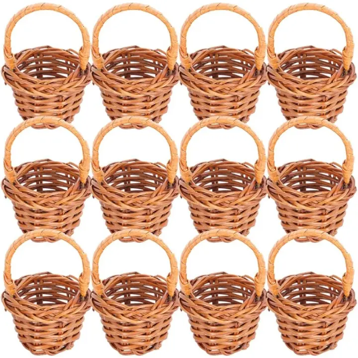 12 cestas de mimbre en miniatura, pequeñas cestas de mimbre para flores, mini tejidas con asas, de dulces para bodas, fiestas, regalos, decoración - 1