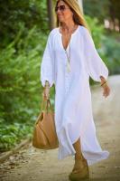 Vestido de Lino y Algodón Blanco Cuello Largo V Casual Suelto Medio Largo Mangas de Siete Cuartos - details 18