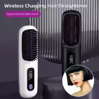 Cepillo alisador de pelo eléctrico USB de cerámica con calor, inalámbrico, portátil, herramienta de peinado de iones negativos, cepillo alisador de pelo recargable - details 0