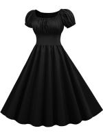 Summer women puff sleeve casual vintage party solid elegant midi dress - details 17