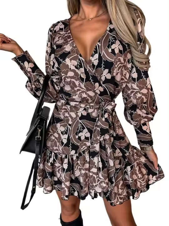 Elegante Vestido Corto de Encaje con Volantes Moda 2025 para Mujeres Vestido Largo de Manga Completa - 1