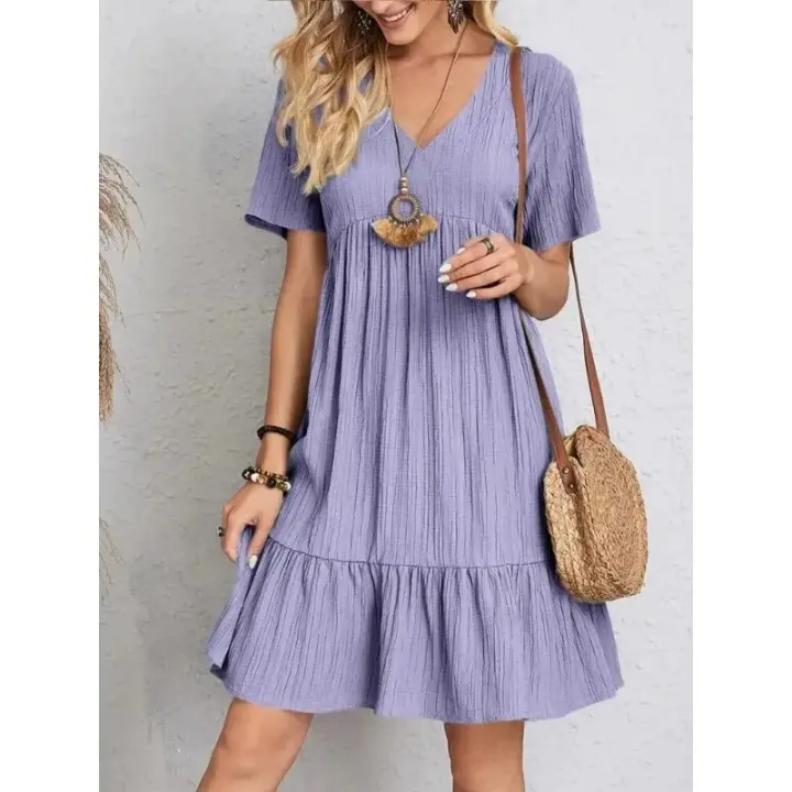 Minifalda holgada de manga corta de verano para mujer bohemia, cuello en V y dobladillo con volantes de moda, informal - 1