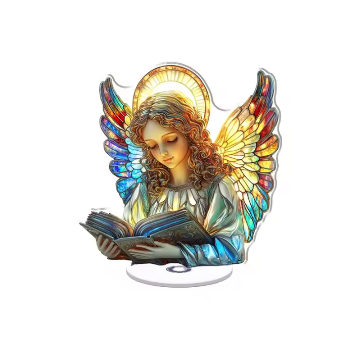 Escultura acrílica giratoria con un impresionante ángel en estilo vidriera, perfecta para decoración artística del hogar y exhibiciones cautivadoras. - 1