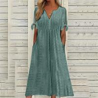 Elegante Vestido de Manga Corta con Cuello Redondo Color Sólido, Moda Casual con Bolsillos y Botones - details 24