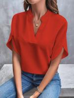 Blusa de manga dividida con cuello con muescas sólidas para mujer, top casual de media manga con hombros caídos para verano, ropa de mujer para uso diario, ropa de moda para mujer, ropa de mujer - details 2