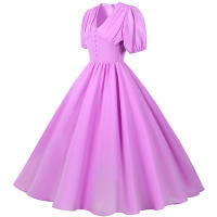 V neck women summer solid lantern short sleeve chiffon elegant vintage long party dress - details 42