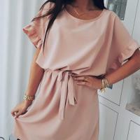 Vestido de poliéster de manga corta para mujer, jersey de cuello redondo, suelto, fajas, sólido, moda de oficina, Verano - details 8