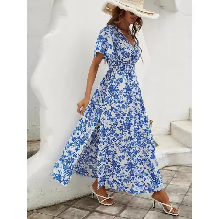 Nuevo estilo de verano de gama alta de talla grande largo para mujeres con curvas vestido con volantes y cuello en V adelgazante - 1