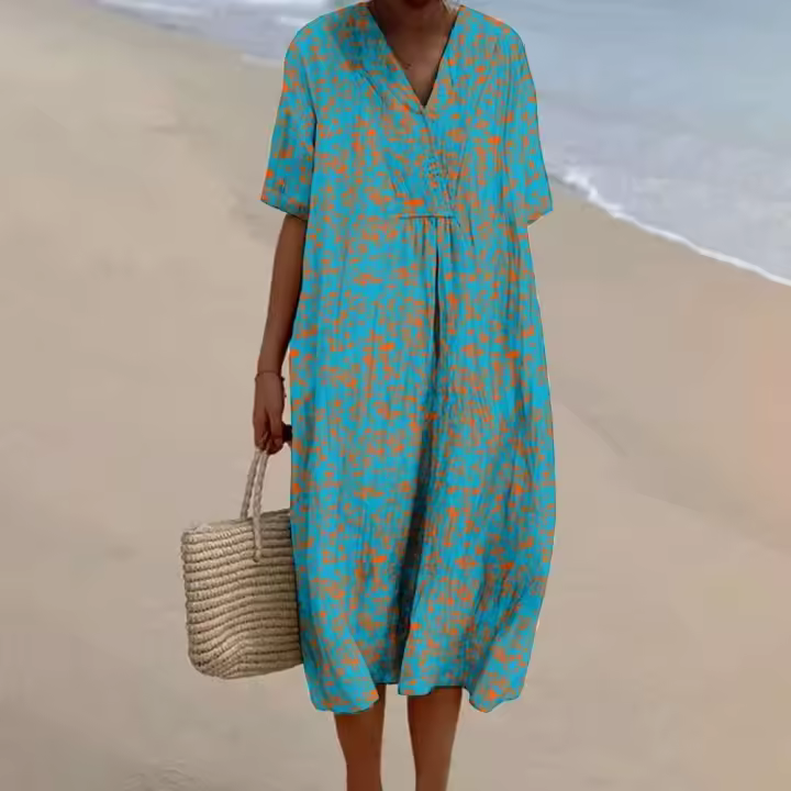 Vestido elegante para mujer, Color contrastante, estampado de patrones irregulares, suelto, cuello en V, nueva tendencia, vestidos de fiesta en la playa - 1