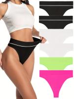 Ropa interior de mujer de 6 piezas, tangas sin costuras de color sólido, suaves y cómodas, elasticidad, moda femenina, material de nailon, estilo elegante, forro de algodón, cintura baja, tejido de punto, tangas cuerdas en V, colores surtidos - details 2
