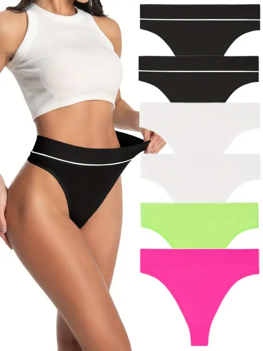 Ropa interior de mujer de 6 piezas, tangas sin costuras de color sólido, suaves y cómodas, elasticidad, moda femenina, material de nailon, estilo elegante, forro de algodón, cintura baja, tejido de punto, tangas cuerdas en V, colores surtidos - 1