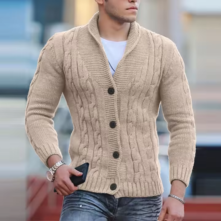 Cárdigan de punto jacquard para hombre Abrigo con cuello en capas para otoño e invierno - 1