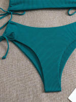 Bikini negro liso para mujer, traje de baño de dos piezas con Tanga de cintura alta y ribetes, 2024 - details 6