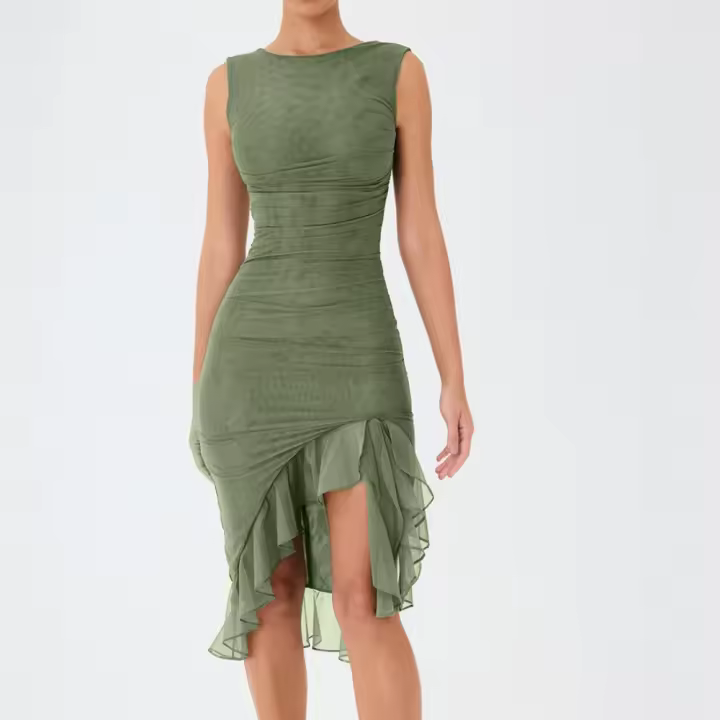 Vestido Maxi Mujer Elegante Verano Sin Mangas Cintura Ajustada Slim Espalda Descubierta Volantes Irregular Fiesta Calle Moda Poliéster - 1