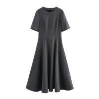BUNO Moda Midi Mujer, Cuello Redondo, Manga Corta, Cremallera, Casual Versátil Vintage Vestido Plisado para Mujer - details 1