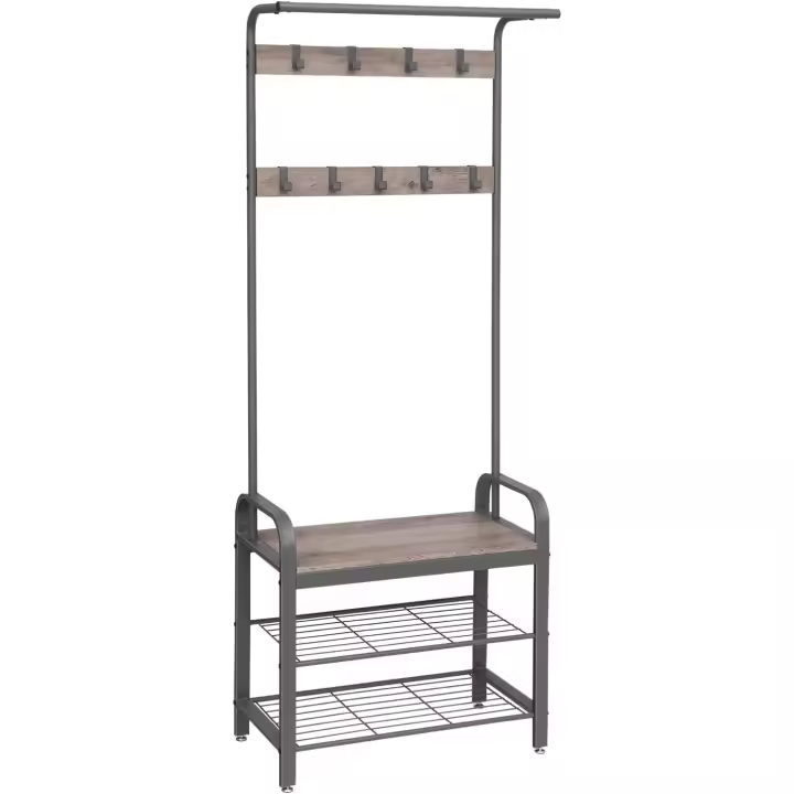 Árbol del Vestíbulo, Perchero con Banco, Zapatero con Ganchos Extraíbles, Color Greige/Gris, Altura 183 cm - 1