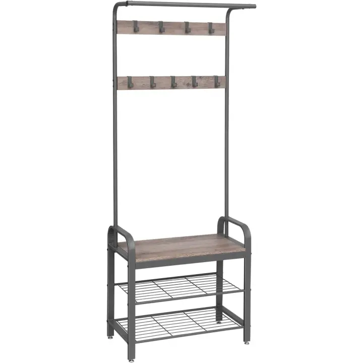 Árbol del Vestíbulo, Perchero con Banco, Zapatero con Ganchos Extraíbles, Color Greige/Gris, Altura 183 cm - 1