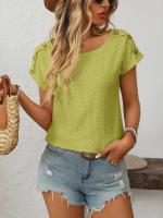 Camiseta de manga corta con botones y cuello redondo para mujer, Top hueco, Color sólido, novedad de primavera y verano 2025 - details 12