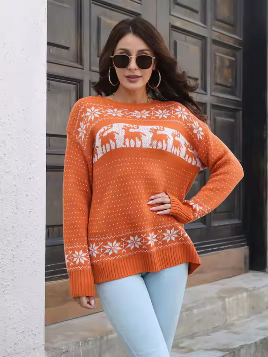 Suéter vintage navideño para mujer, alce con copos de nieve, ropa de punto holgada, camiseta nueva, otoño e invierno - 1