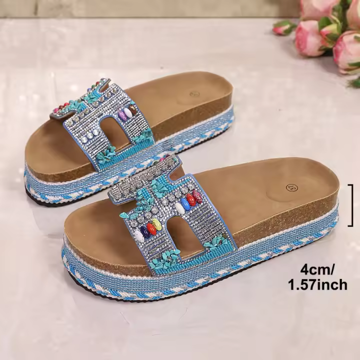 2025 nuevo arrastre de una palabra europeo y americano nueva moda zapatillas de plataforma de cuerda de cáñamo con diamantes de imitación zapatillas de corcho de playa sandalias casuales de mujer - 1