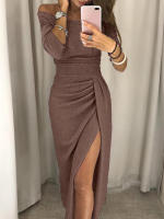 BUNO-Vestido de moda informal para mujer, vestido largo de fiesta de noche ajustado de manga larga con hombros descubiertos para mujer Vestidos de tubo divididos asimétricos - details 10