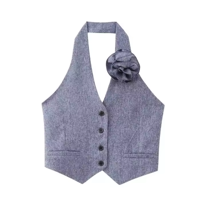BUNO-Conjunto de 3 piezas para mujer, traje gris sin mangas, chaleco Halter de flores 3D, pantalones de pierna ancha, traje informal con solapa, atuendo elegante para mujer, otoño - 1