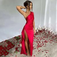Vestido de fiesta elegante de color liso con un hombro largo para mujer, dobladillo de alta puntuación con pliegues en la cintura - details 4