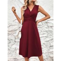 Nuevo producto verano 2025 color sólido con cuello en V, cintura cruzada plisada, vestido sin mangas, midi y largo, vestido largo de mujer - details 7