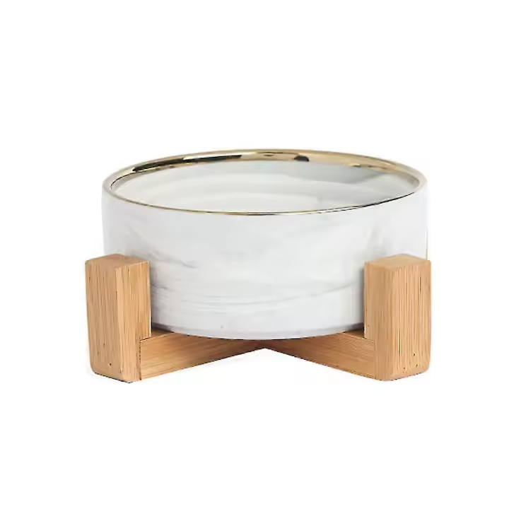 Cuenco de cerámica de mármol para perros y gatos, plato con soporte de madera, sin derrames, alimentador de agua para comida para mascotas, gatos, perros pequeños - 1