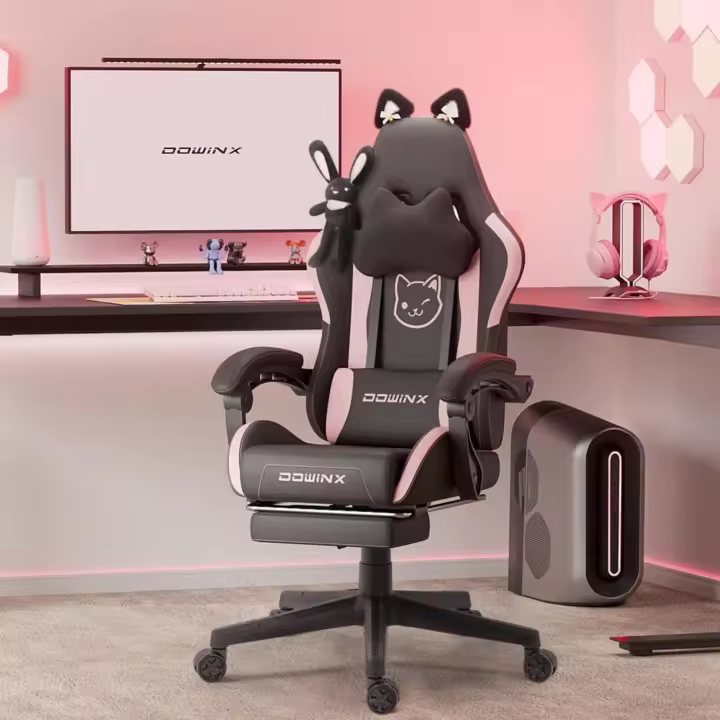 Silla de juego para ordenador, diseño ergonómico, con respaldo alto, soporte lumbar, reposapiés, piel sintética, azul - 1