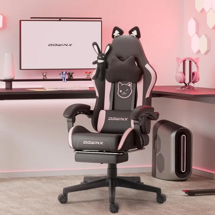 Silla de juego para ordenador, diseño ergonómico, con respaldo alto, soporte lumbar, reposapiés, piel sintética, azul - 1