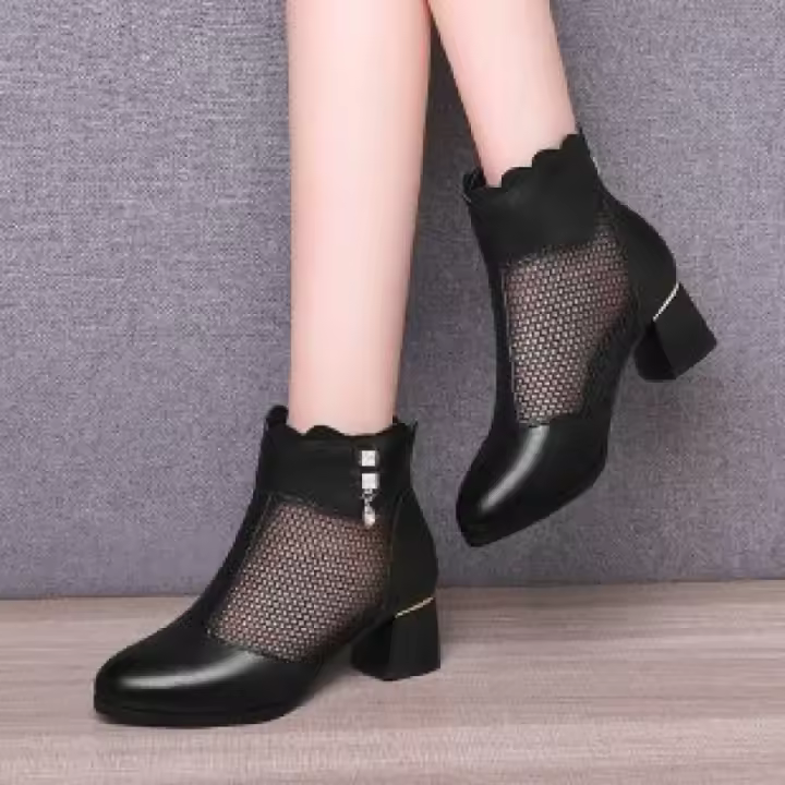 Transpirable para mujer 2025 nuevo estilo primavera y otoño tacones altos botas individuales negras zapatos frescos de malla - 1