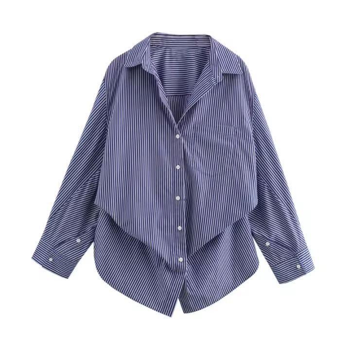 OUWU Blusa de algodón informal para mujer, ropa de otoño, con rayas y manga de murciélago - 1