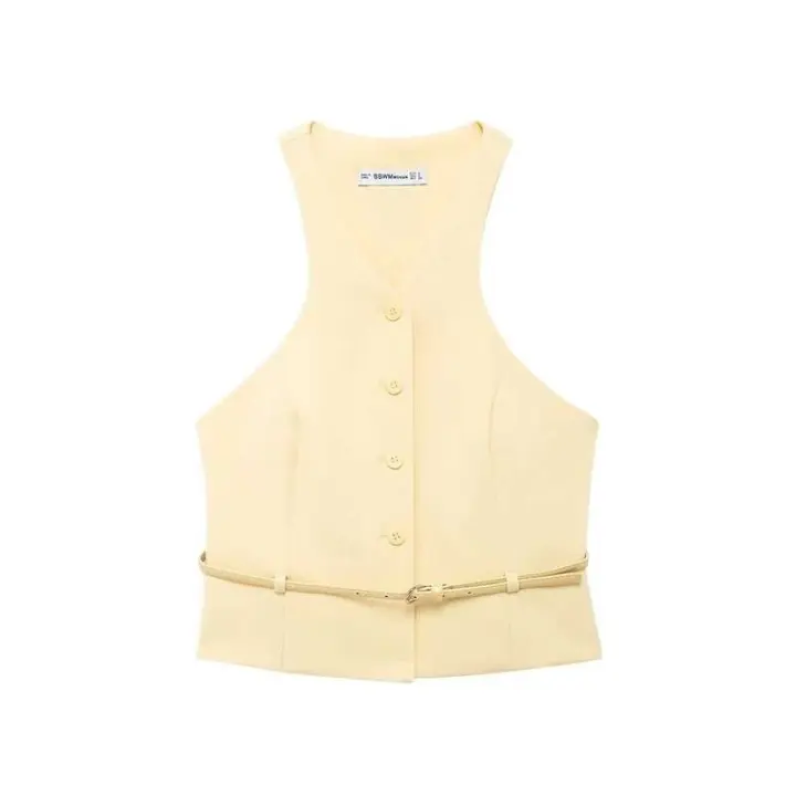 Chaleco Amarillo con Cuello en V Manga Corta, Elegante para Mujeres, Blazers y Vestidos - 1
