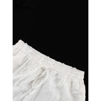 Conjunto de Algodón Blanco para Mujer de 2 Piezas Conjunto Informal de Jacquard con Botones y Manga en la Muñeca Camisas y Pantalones Cortos de Cintura Alta para el Verano - details 12