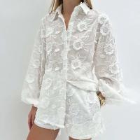 Conjunto de Algodón Blanco para Mujer de 2 Piezas Conjunto Informal de Jacquard con Botones y Manga en la Muñeca Camisas y Pantalones Cortos de Cintura Alta para el Verano - details 5