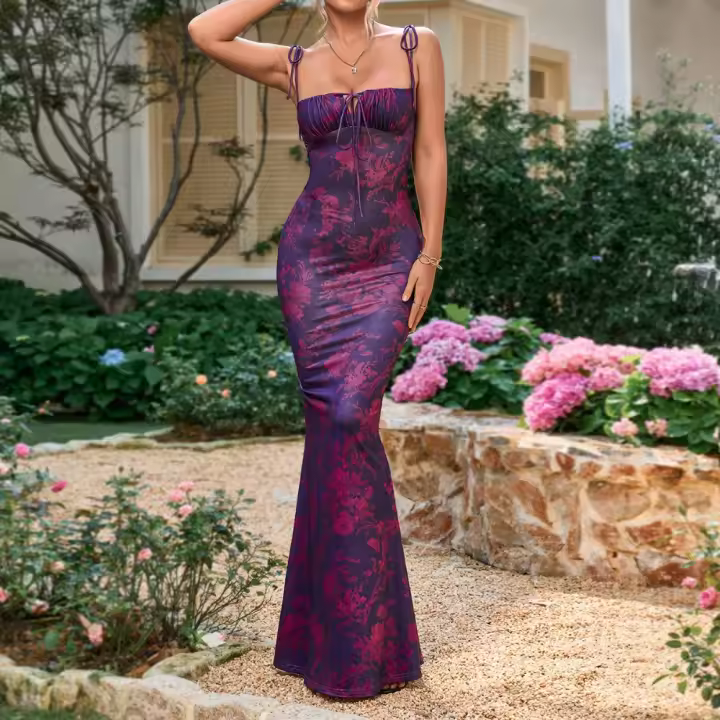 Falda de Cintura de Cola de Pescado con Lazo Floral Vestido de Moda para Mujeres con Correa de Tirantes de Espalda Descubierta - 1