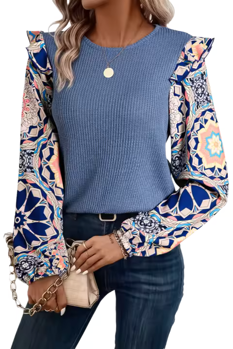 Elrachen Blusa de cuello redondo de punto de gofre con retazos de manga floral con volantes para mujer, azul Ashleigh, tallas S-2XL - 1
