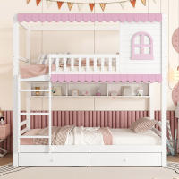 Litera, Cuna Con ventanas, con protector abatible, Estante abierto, Cueceras rosas, Dos cajones con ruedas, Mucho espacio de almacenamiento, Pino+MDF, Blanco+Rosa, 90x200cm - details 5