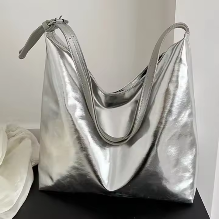 Bolso de Mano de Lujo para Mujer Asa Superior de PU Diseño Informal de Cuero Plateado y Dorado - 1