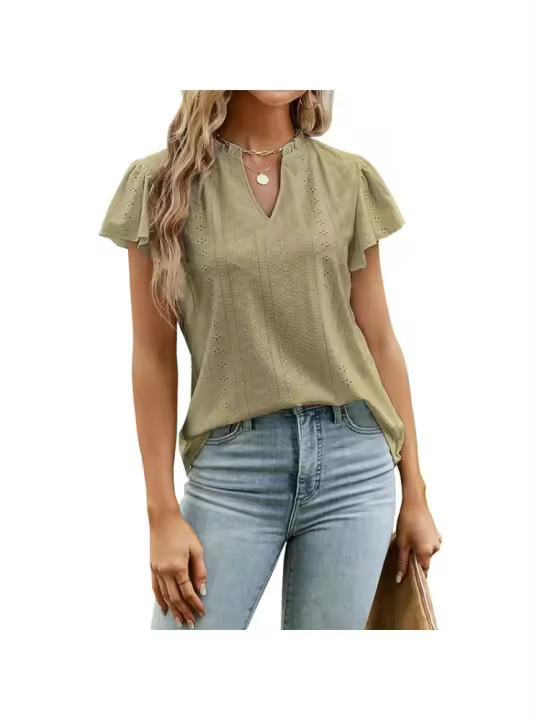 2025 primavera y verano europeo y americano nuevo jacquard con cuello en v mangas apiladas camiseta de manga corta top ropa de mujer - 1
