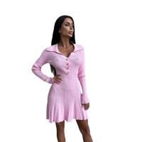 Moda De Las Mujeres Nuevo Cuello De Solapa Manga Larga Pit Strip Vestido De Punto Europa Y América Vestido Delgado - details 3