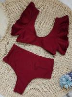 Conjunto de bikini con escote en V y volantes, traje de baño de dos piezas con cintura alta y corte alto en color sólido - details 1