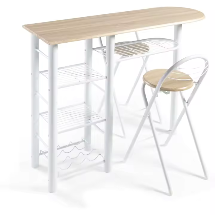 Conjunto de mesa de cocina bar |   Estructura Metálica |   Mesa de madera con 4 estantes |   2 Taburetes Plegables, 120 x 40 x 87 cm, Madera - 1