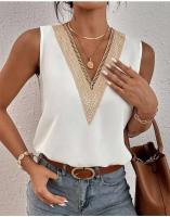 Blusa de encaje Parchwork para mujer, camiseta holgada con agujeros para verano, ropa de calle informal, Top sin mangas con cuello en V Lac - details 1
