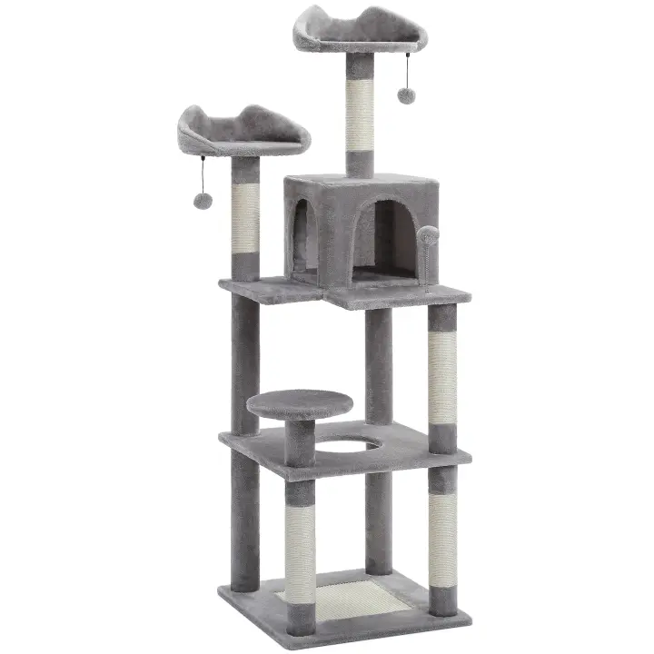 Árbol para Gatos de 160 cm de Altura con Poste, 2 Plataformas, cueva, Cesta Pompón, Rascador Multinivel para Gatos - 1